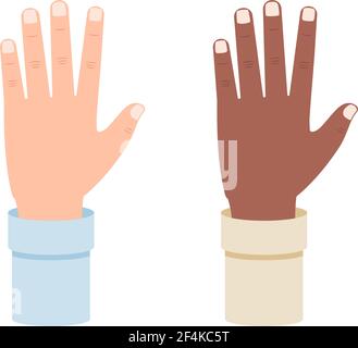 White and black hand shows five fingers, fifths vector illustration isolated on white background Stock Vector