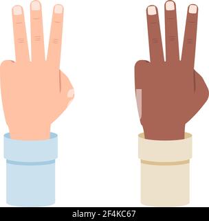 White and black hand shows three fingers, third vector illustration isolated on white background Stock Vector