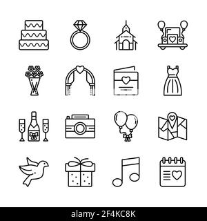 Wedding, love, romance outline icon set. Vector illustration. Stock Vector