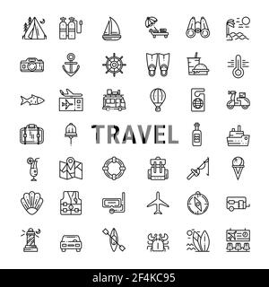 Vector line icons of beach, camping, mountains  journey, vacation, cruise   and hotel services Stock Vector