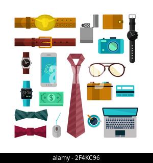 Set of accessories for men with computer, phone, clock and tie.  Vector illustration Stock Vector