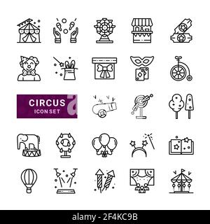 Сircus minimal thin line web stuff linear vector icons. Contains  such icons as character clown, carousel, tent and more. Stock Vector