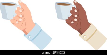 White and black hand holding a cup with hot drink vector illustration isolated on white background Stock Vector