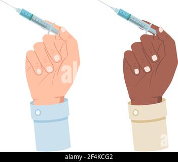 White and black hand holding a syringe, vaccination vector illustration isolated on white background Stock Vector