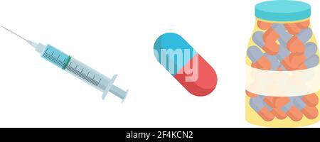 Syringe, medical pills and pharmacological drugs, antibiotic vector illustration isolated on white background Stock Vector