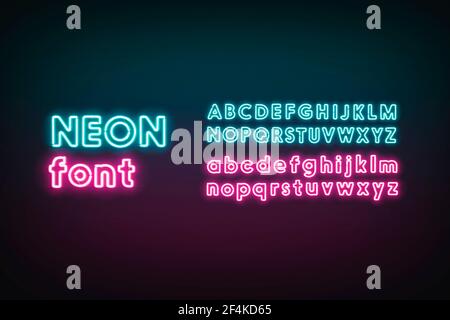 Turquoise and pink neon capital and lower letters, glowing font Stock Photo