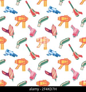 Seamless pattern with futuristic colorful blaster. Kid game gun. Stock Vector