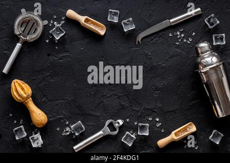 Set of cocktail drink tools and ingredients with shaker and ice. Flat lay Stock Photo