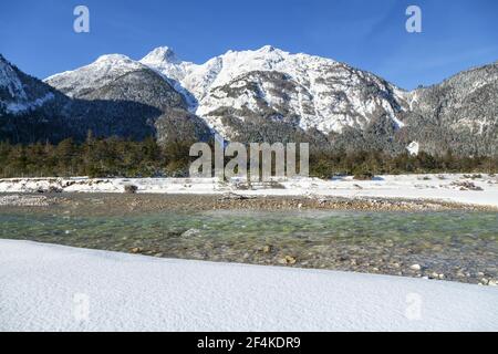 geography / travel, Germany, Bavaria, Mittenwald, Isar in front of grand Arnspitze (peak) in the Wette, Additional-Rights-Clearance-Info-Not-Available Stock Photo