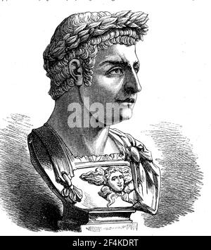 Domitian, October 24, 51 - September 18, 96, was Roman emperor from 81 until his death, full birth name was Titus Flavius Domitianus, as emperor he used the name Imperator Caesar Domitianus Augustus  /  Domitian, 24. Oktober 51 - 18. September 96, war von 81 bis zu seinem Tod römischer Kaiser, vollständiger Geburtsname war Titus Flavius Domitianus, als Kaiser führte er den Namen Imperator Caesar Domitianus Augustus, Historisch, historical, digital improved reproduction of an original from the 19th century / digitale Reproduktion einer Originalvorlage aus dem 19. Jahrhundert Stock Photo