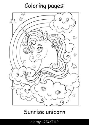 Beauty unicorn head with rainbow and clouds. Coloring book page for children. Vector cartoon illustration isolated on white background. For coloring b Stock Vector
