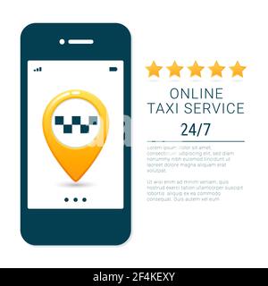 Taxi service banner template. Online mobile taxi order service app concept. GPS route point pins on smartphone. Yellow Map pin with taxi cheks Stock Vector