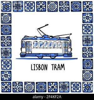 Portugal landmarks set. Lisbon retro tram. Traditional tramway in the frame of Portuguese tiles, azulejo. Handdrawn sketch style vector illustration. Stock Vector