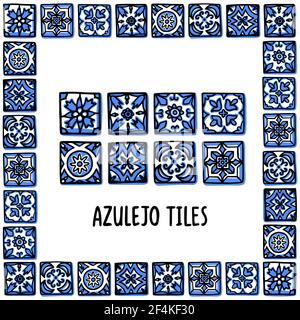 Portugal landmarks set. Portuguese tiles, azulejo. Lisbon mosaic in the frame of Portuguese tiles, azulejo. Handdrawn sketch style vector illustration. Stock Vector