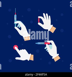 Doctor or scientist hands in latex gloves. Hands in sterile gloves holding syringe, pill, pipette, pressing a button. Medicine, science, and health Stock Vector