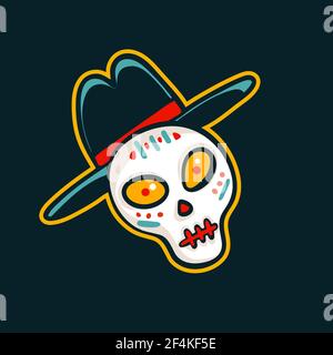 Dia de Los Muertos. Day of The Dead illustration with sugar festive skull in hat on dark background. Cartoon vector illustration. Stock Vector
