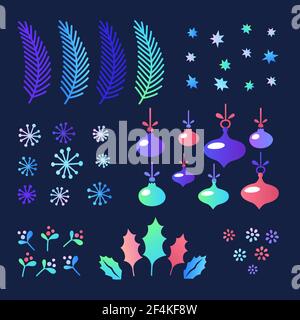 Set of Christmas elements for design, fir branches, leaves, snowflakes, balls and berries on dark background. Flat style cartoon christmas elements. V Stock Vector