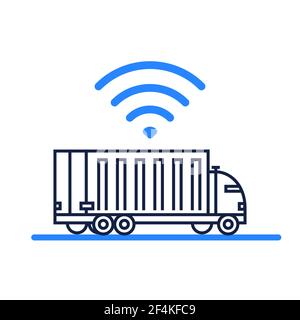 An autonomous self-driving truck icon on white background. Remote control vehicle. Unmanned truck, future futuristic car concept. Line vector Stock Vector