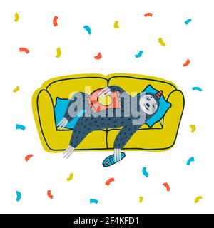 Animal party. Lazy sloth party. Cute sloth lying on the couch with TV remote and chips. Vector illustration Stock Vector