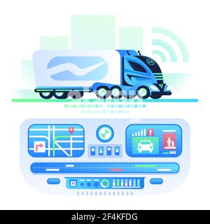Autonomous self-driving truck on the road. Remote control transport center. Unmanned truck, future futuristic car concept. Flat style vector Stock Vector