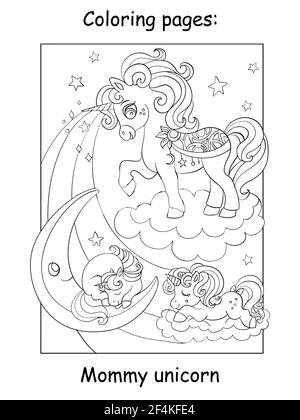 Mommy unicorn with two sleeping babies. Coloring book page for children. Vector cartoon illustration isolated on white background. For coloring book, Stock Vector