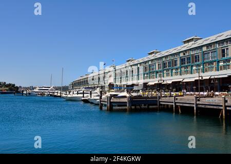 Sydney, NSW, Australia - October 31, 2017: Different yachts and boats on Woolloomooloo Finger Wharf, Stock Photo