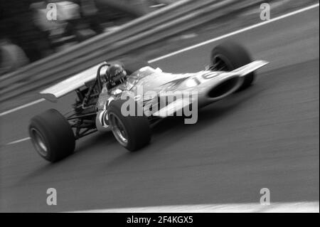 Andrea de ADAMICH driving McLaren Alfa-Romeo F1 car in full speed during 1970 Grand Prix de France, in Charade circuit near Clermont-Ferrand. Stock Photo