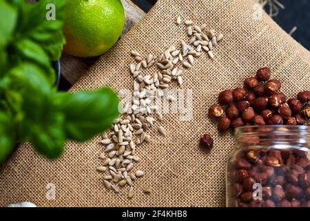 pine kernels nuts on a table Stock Photo