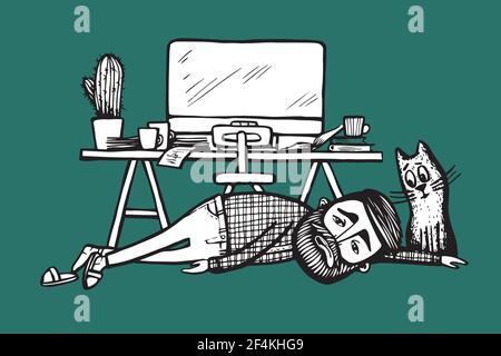 Tired bearded man lying on the floor near the work desk with computer screen, cat sit near and looking. Hand drawn illustration of Tired hipster Stock Vector