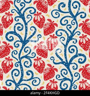 Strawberry linocut Indian Florals style seamless vector pattern background. Winding stems with berries and butterflies. Red blue yellow white design Stock Vector