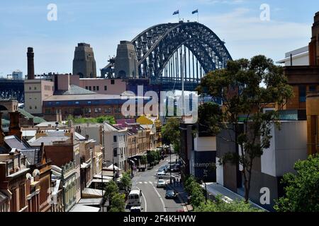 Sydney, NSW, Australia - October 28, 2017: Homes, museum of Contemporary Art and Harbour Bridge in The Rocks district Stock Photo