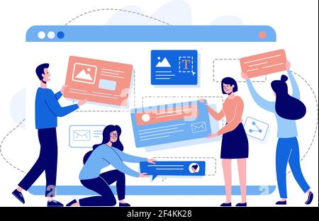 Website design development concept. Landing page template designed by men and women. Flat style, vector illustration on white background. Stock Vector