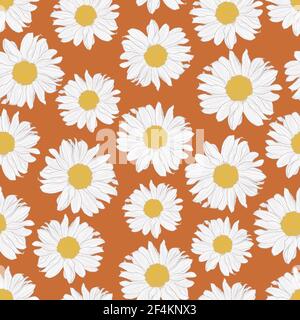 Vector seamless pattern of yellow and white daisy flowers on terracotta background. Decorative print for wallpaper, wrapping, textile, fabric. Stock Vector