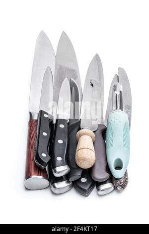 Set of  different used and new kitchen knives isolated on white Stock Photo
