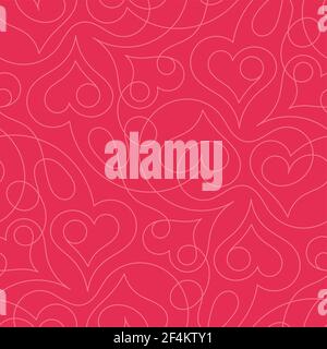 Seamless pattern with heart shapes and scroll lines. Vector illustration. Pattern with red background and pink lines.  Stock Vector