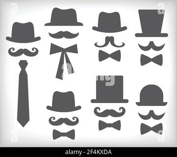 Retro set of man with hat, mustache, bow, tie. Collection of gentleman symbols on white background.. Vector illustration Stock Vector