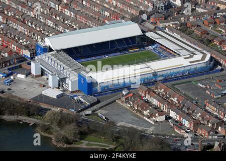 aerial view of Everton FC's Goodison Park football stadium in Liverpool