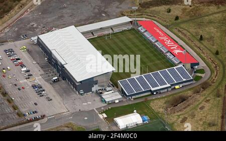 aerial view of the AJ Bell Stadium (rugby ground) at Barton, Eccles, Manchester Stock Photo