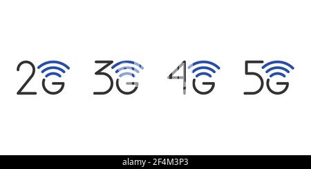 2G 3G 4G 5G network connection business symbol set. 5th generation and lower wireless internet technology icons. Vector communication emblem blue design template isolated illustration Stock Vector