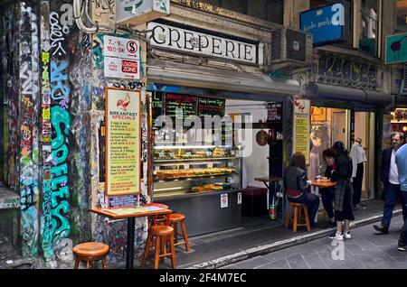 Melbourne, VIC, Australia - November 05, 2017: Unidentified people and shops in narrow Centreway arcade Stock Photo