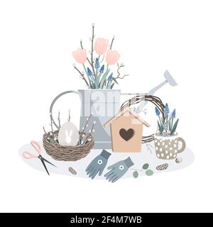 Outdoor garden composition with spring flowers and symbols. Happy Easter vector card isolated on white background. Scandinavian style decoration Stock Vector