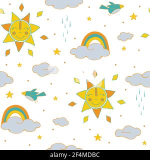 Seamless vector pattern with cartoon sun and clouds on white background. Children wallpaper design with rainbows. Simple baby shower fashion textile. Stock Vector