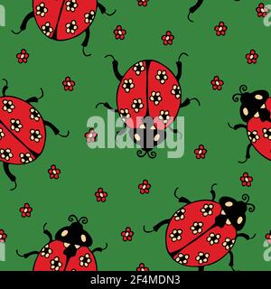 Seamless vector pattern with ladybirds on green background. Simple textured ladybug wallpaper design for children. Decorative bright fashion textile. Stock Vector