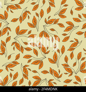 Seamless vector pattern with autumn leaves on light brown background. Simple wallpaper design with leaves. Stock Vector