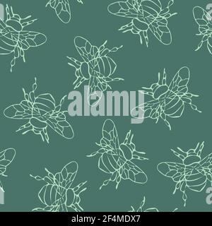 Seamless vector pattern with outlined bees on teal blue background. Simple bumblebee line art wallpaper design. Ideal for fashion, textile, fabric. Stock Vector