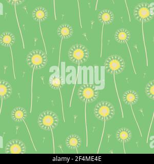 Seamless vector pattern with dandelions on soft green background. Beautiful floral wallpaper design. Delicate flower fashion textile. Stock Vector