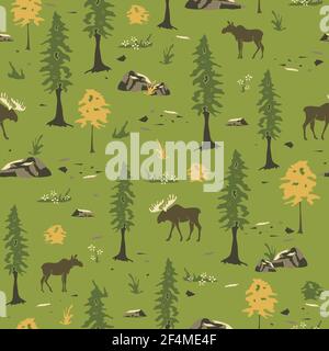 Seamless vector pattern with moose in forest on green background. Canada wild animal wallpaper design Scandinavian landscape. Stock Vector