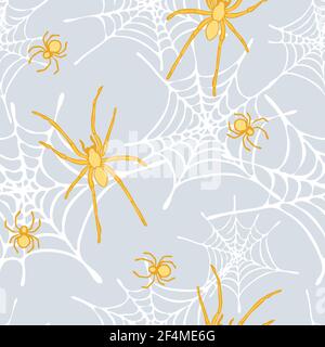Seamless vector pattern with yellow spiders and spiderweb on light blue background. Animal wallpaper design. Stock Vector