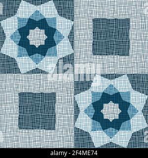 Seamless vector pattern with textured square flower on blue background. Artistic floral patchwork wallpaper design. Vintage quilt fashion textile. Stock Vector