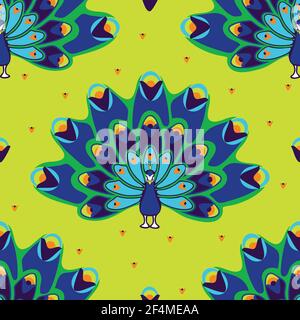 Seamless vector pattern with peacock on yellow background. Simple abstract bird wallpaper design. Ethnic fashion textile. Stock Vector